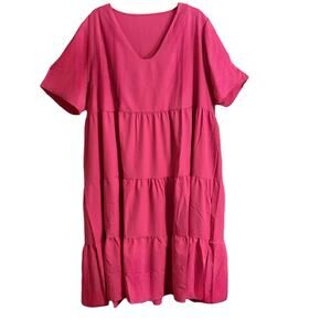 New Hot Pink V-Neck Ruffled Tiered Short Sleeve Midi Dress Size 4XL Lightweight